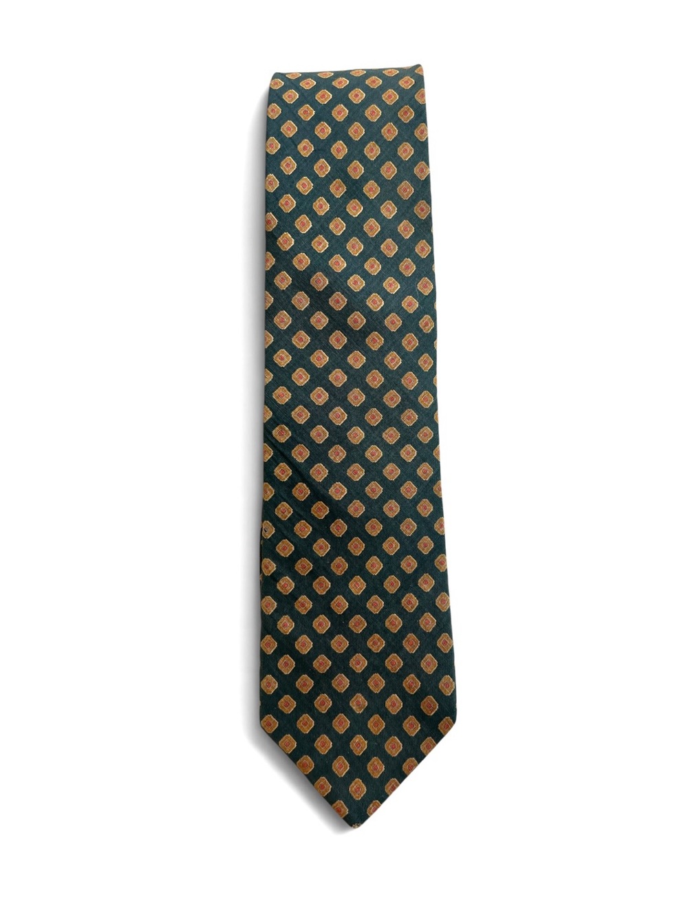 Vintage Geoffrey Beene Green & Gold Geometric Print 100% Cotton Skinny Tie 3”